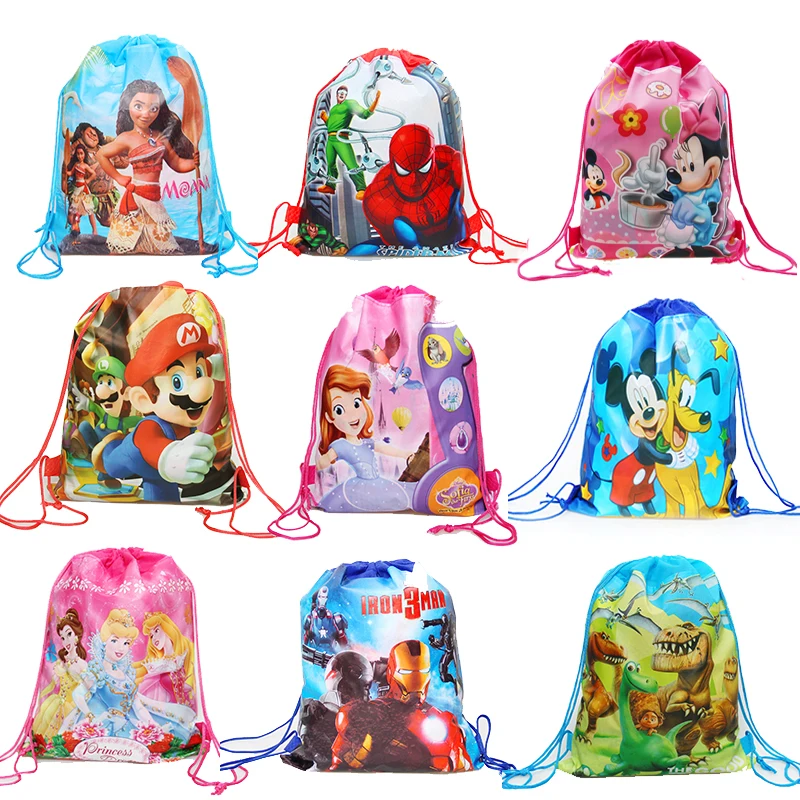 

1pcs Cute Mickey/Minnie/Princess/Avenger/Mario drawstring bags kids favorite unicorn draw string bags Cloth backpack gift bags