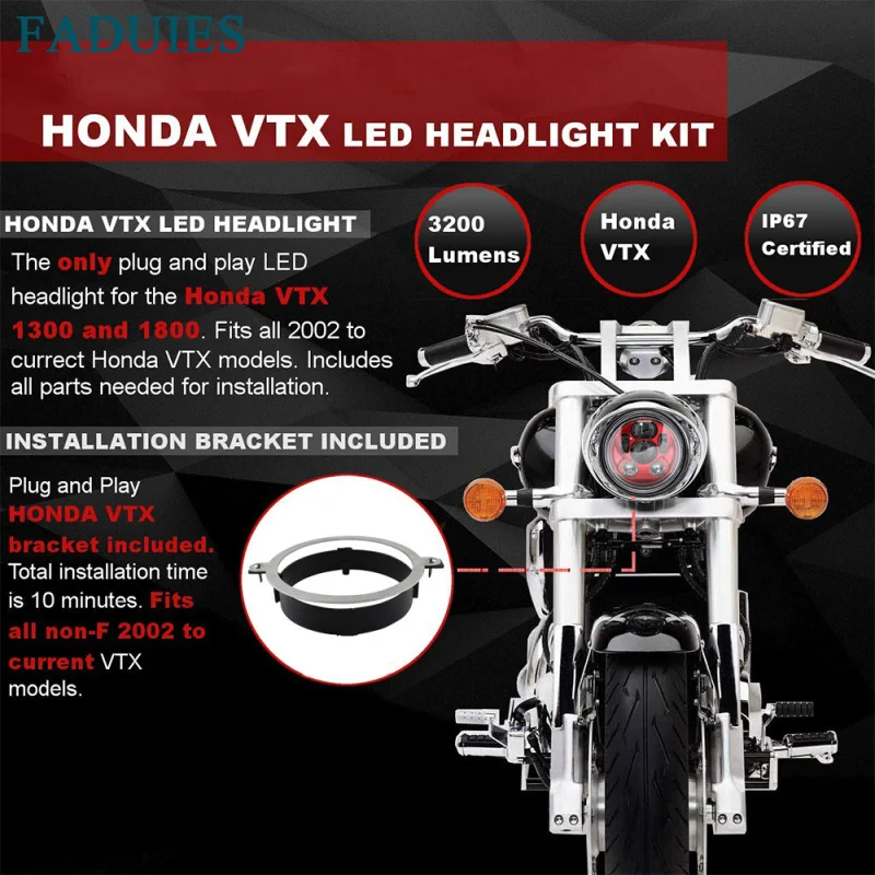 Honda VTX 5 34 LED Chrome Headlight Kit with Bracket and Hardware - Plug and Play - Daymaker (4) 2