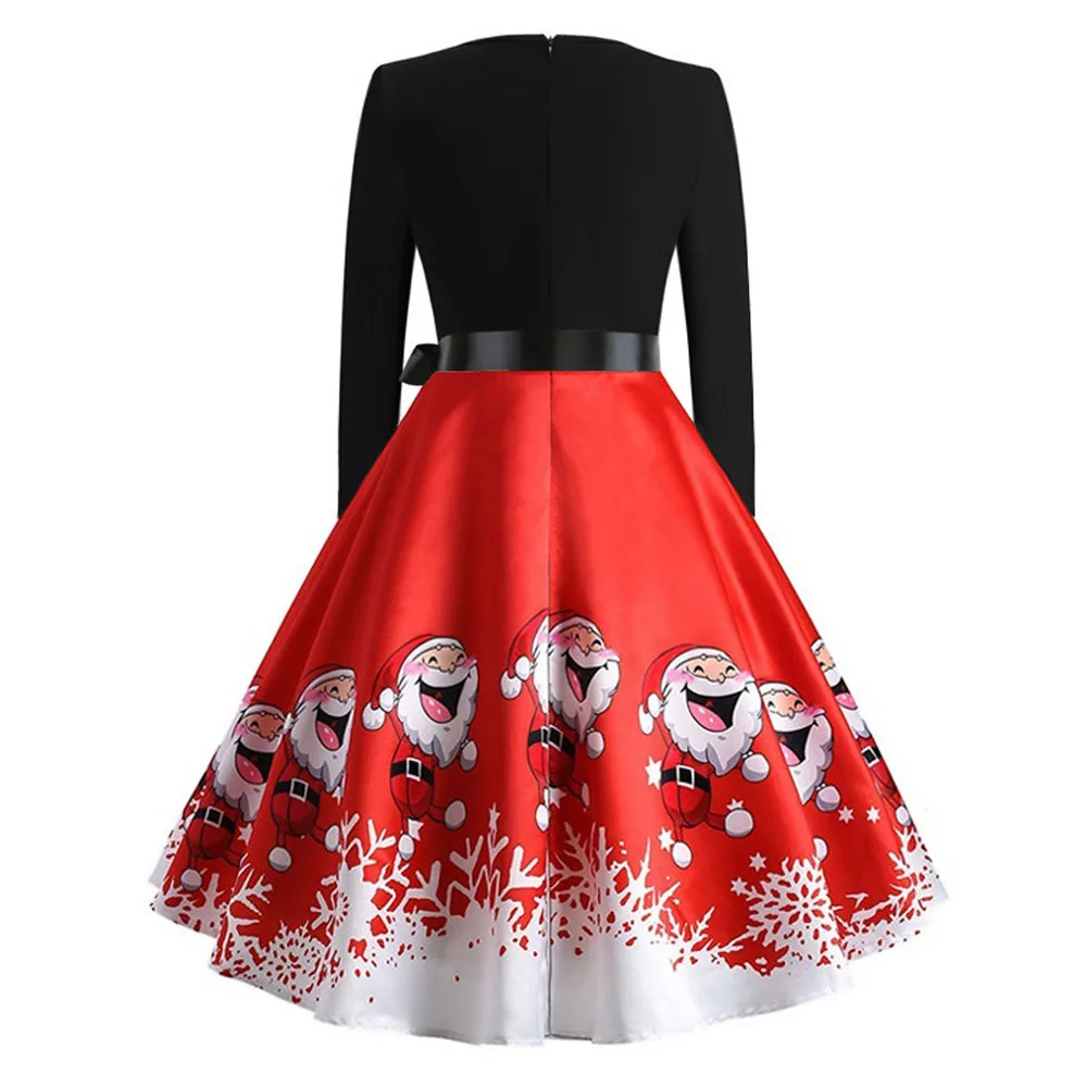 

2018 Women's Christmass Dress Vintage Print Long Sleeve Christmas Evening Party Swing Dresses vestidos De Fiesta