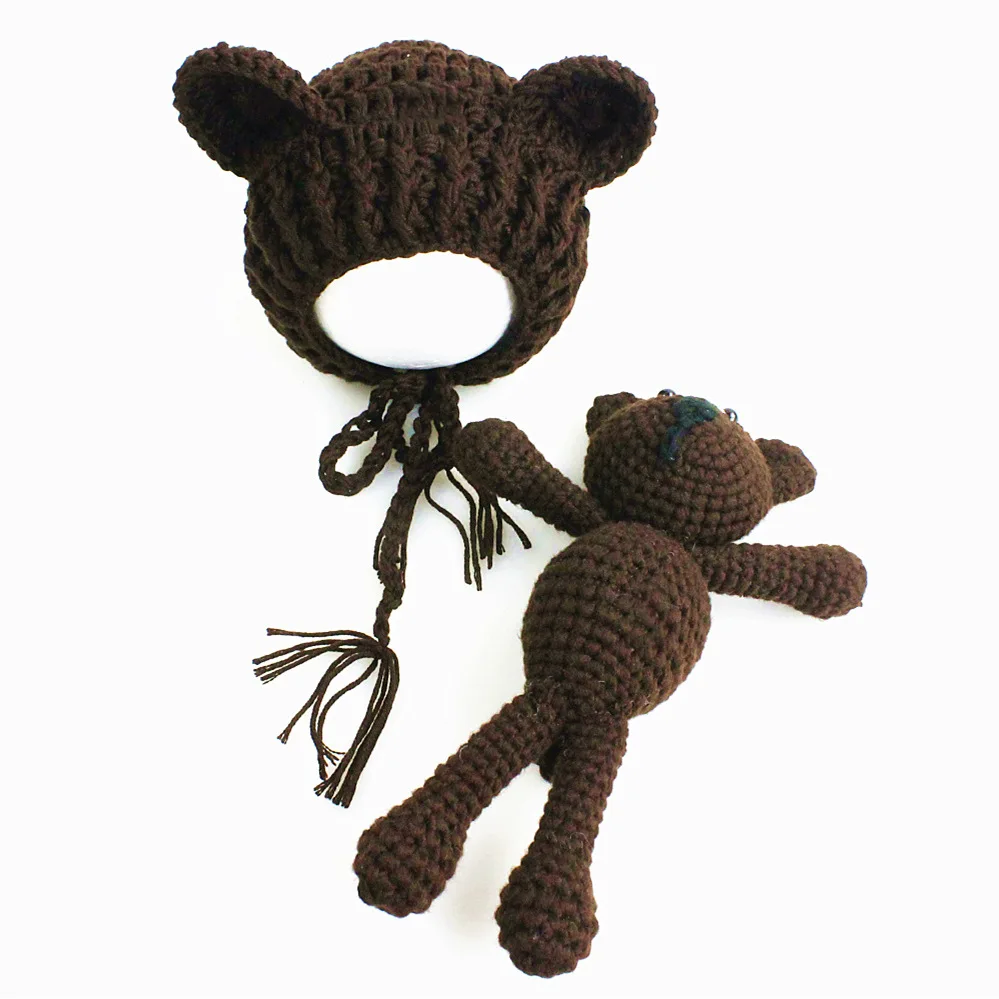 Newborn Baby Photography Props Bears Ear Hat+Toys Set Handmade Knitting Baby Hats Caps Baby Photo Prop Accessories Fotografia