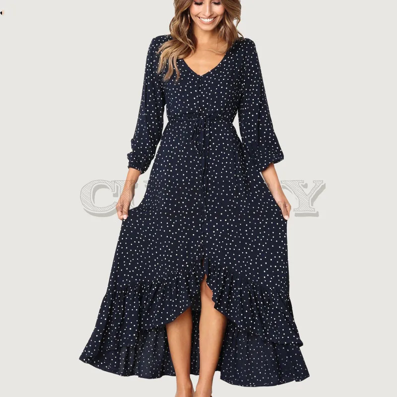 

Cuerly 2019 new autumn ruffle polka dot print dress Long beach casual navy maxi dress Elegant party women dress L5