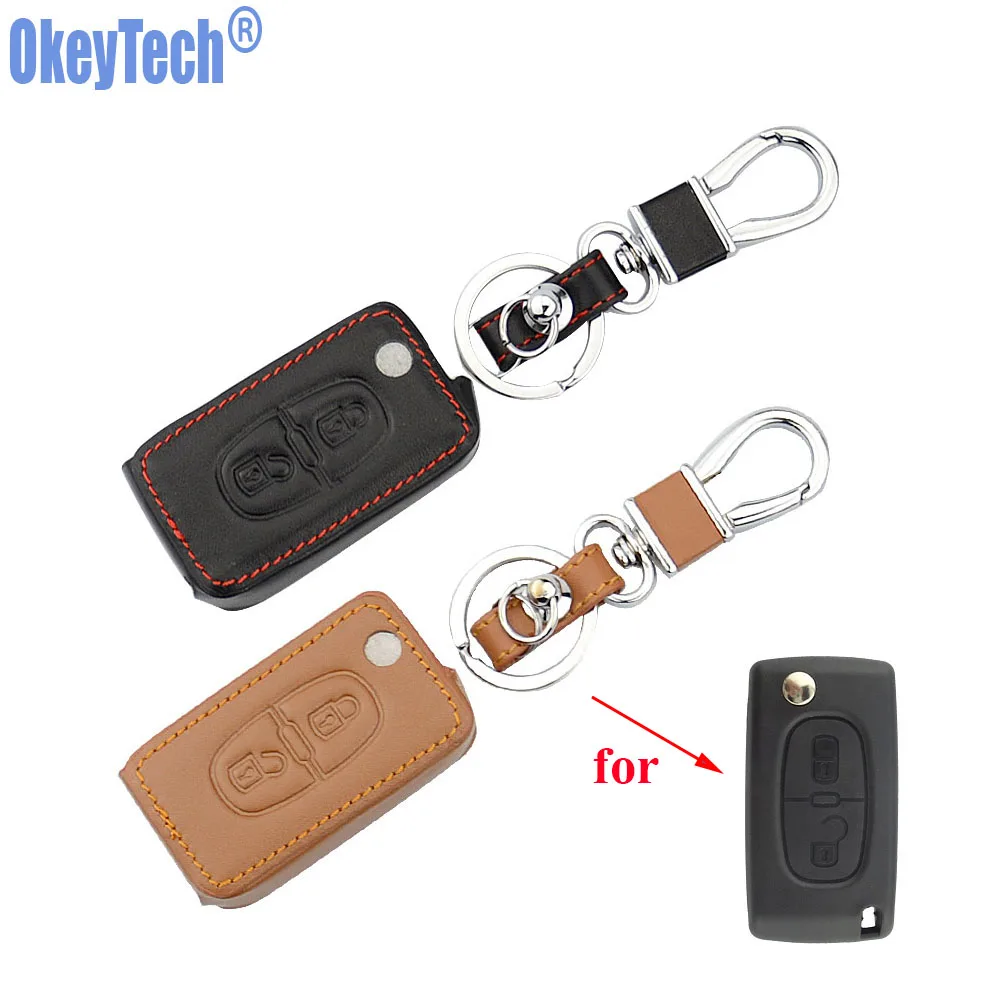 OkeyTech Genuine Leather Car Key Chain Ring Cover Case Holder For Peugeot 208 207 3008 308 306 RCZ 508 408 407 307 206 2 Buttons