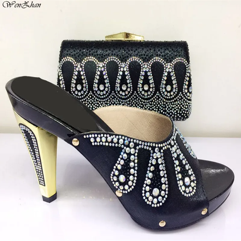 

Newest Black Color Beautiful Shoes with Matching Clutch Bag Set Decorated with Rhinestone Shoe and Bag Sets For Party 079-20
