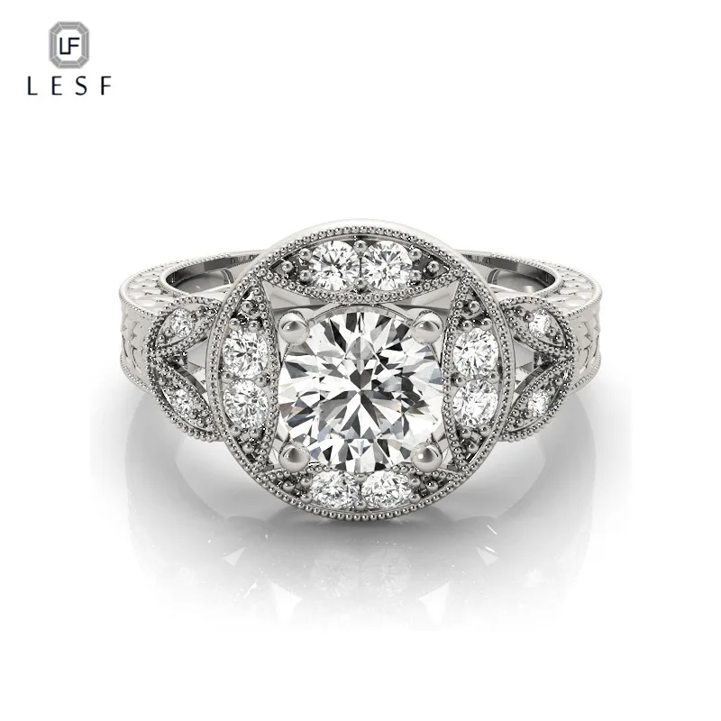 LESF Fine Silver Rings 925 silver jewelry Big Round For Women Real Pure 1 ct SONA Stone Multi-stone Finger Ring | Украшения и