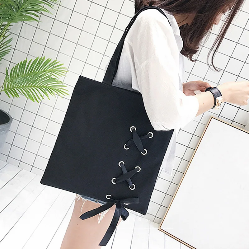 

New Women's Casual Lace-up Canvas Tote Bag Female Canvas Shoulder Bags crossbody bags for women Beach bag bolso mujer(Black)