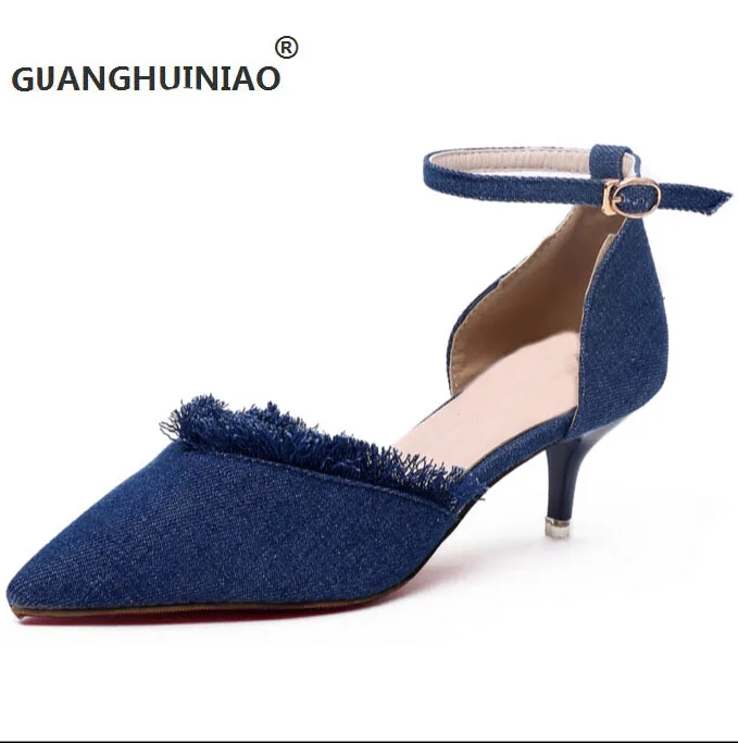 

Fashion 2016 solid color solid color denim shallow mouth shoes pointed toe women's shoes all-match thin heels high-heeled shoes
