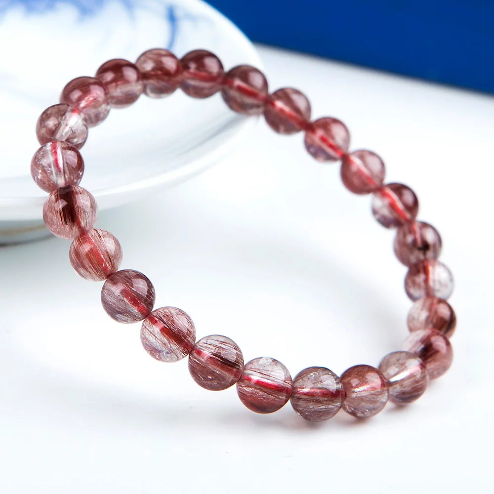

Natural Red Hair Rutilated Quartz Newly Round Beads Crystal Bracelet 8mm Women Men Clear Stone AAAAA Gift Bracelet Jewelry