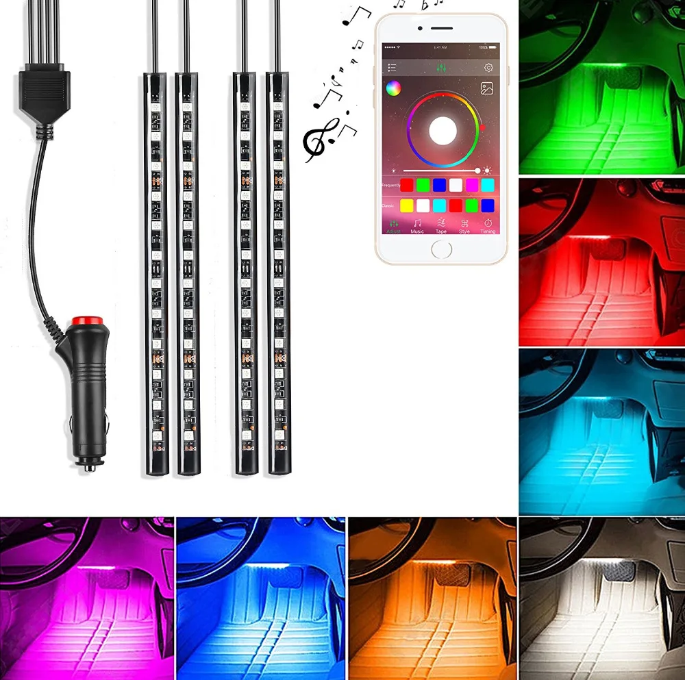 

4PCS car LED light bar, USB / cigarette lighter interface, APP / remote control / voice control. Multicolor car atmosphere light