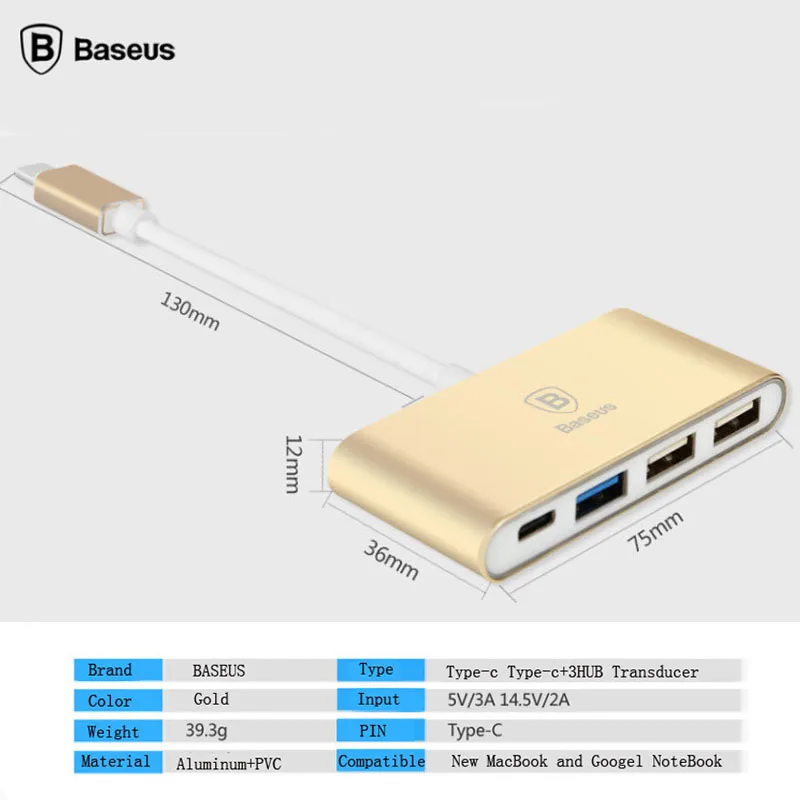 2016 Новый OEM Baseus USB Кабель Адаптера Mini Type C для Типа + 3 HUB (USB 3.0 2USB 2.0 Порт) Для НЬЮ