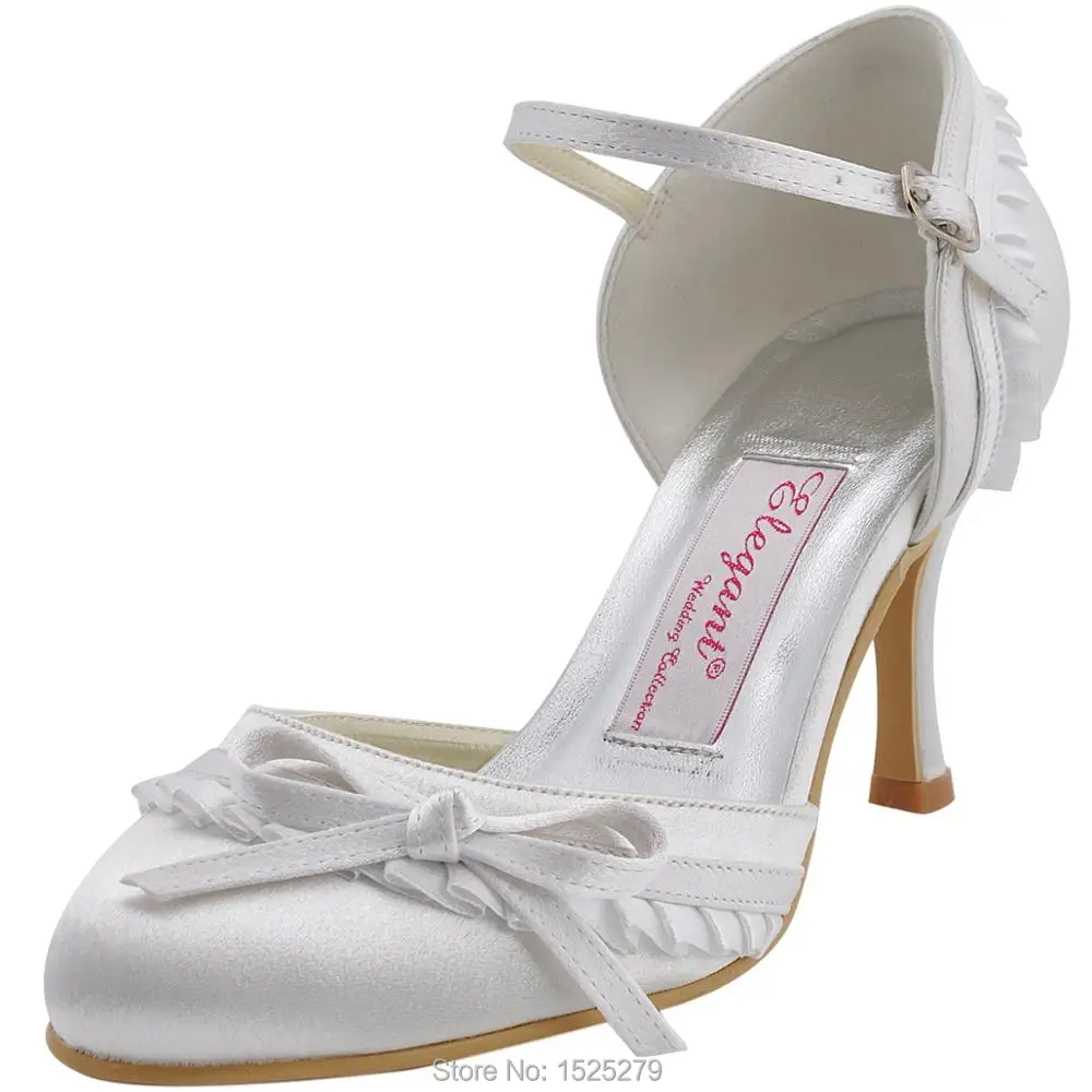 

EP11070 White Women Mary-jane High Heels 3'' Bridal Party Pumps Bow Ruffled Satin Buckles Wedding Bride Dress Shoes
