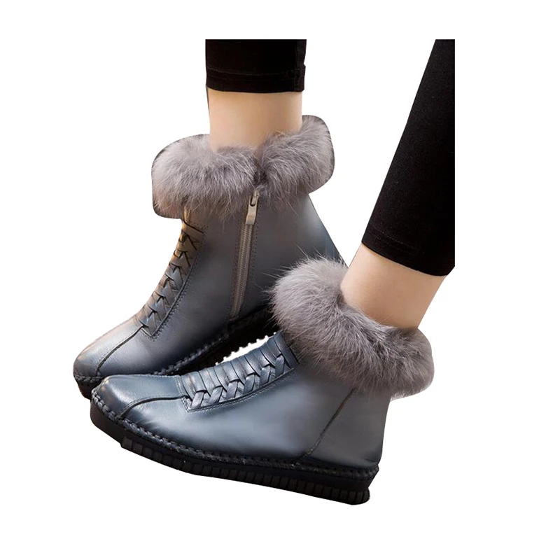 

2019 Genuine Leather Women Boots Platform Zip Winter Ankle Boots Short Plush Casual Women Flats Shoes Size 35-40 XWX4893