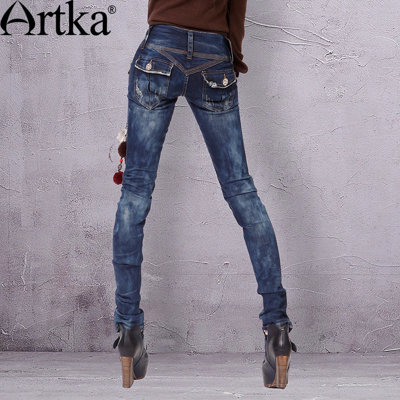 Otoño Hecha Mano Bordado A Artka Pantalones Lavado K810056q Lápiz Decoración Blue Nuevo Slim Mujeres Fit gwWcqq4X5