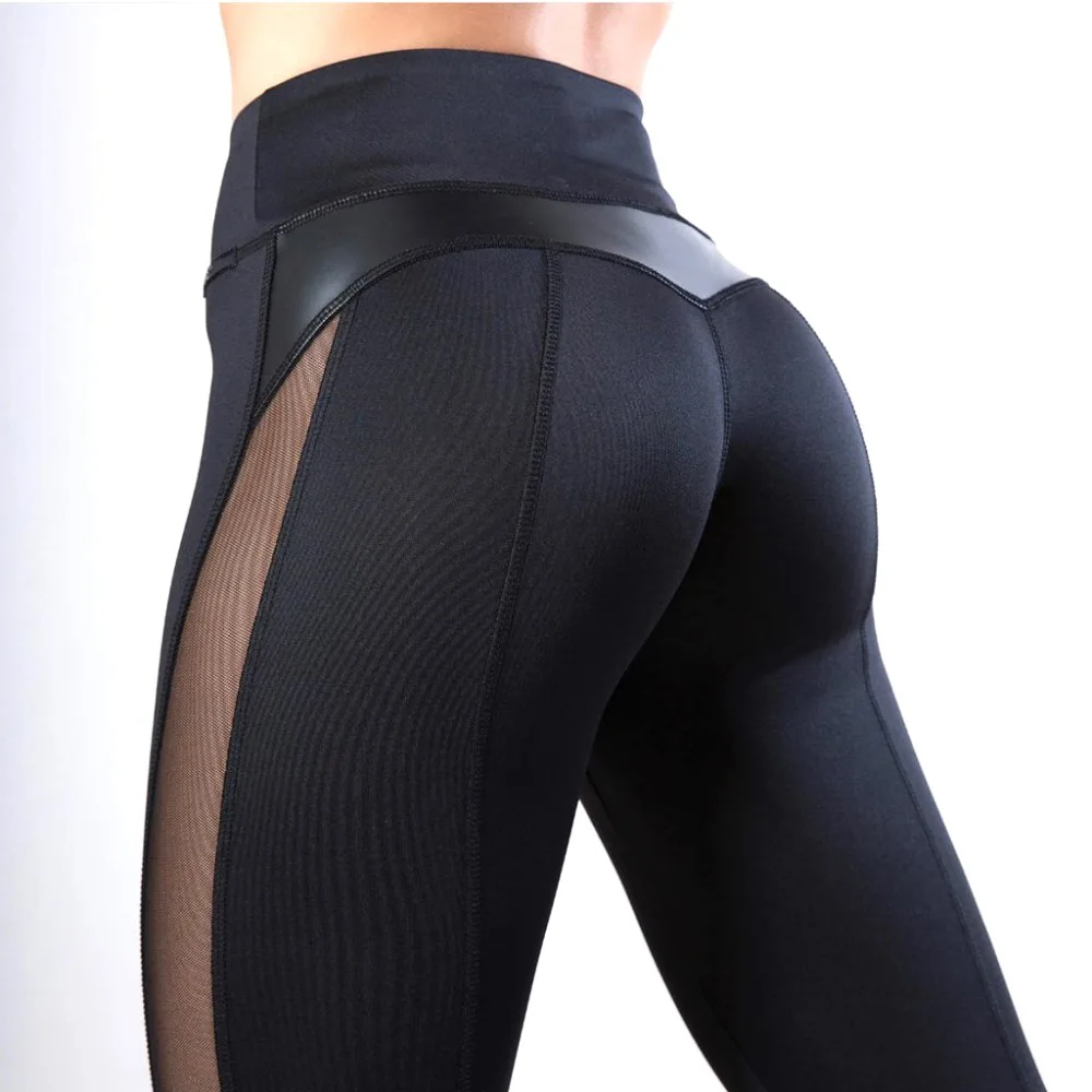 

2019 Women Sexy Fitness Leggings PU Leather Patchwork Side Mesh Transparent Leggings See Through Leggings Sports Pants Black