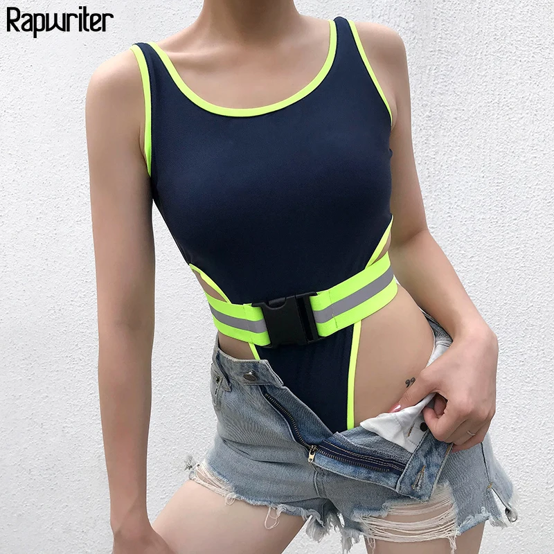 

Rapwriter Sexy Skinny High Waist Strappy Reflective Belt Bodysuit Women 2019 Summer Harajuku Sleeveless Open Crotch Bodysuit