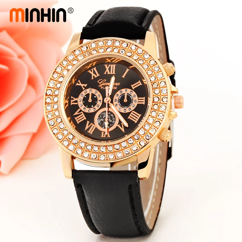

MINHIN Top Brand Luxury Quartz Watch Two Rows Drills Rhinestone Dial Women's Casual Leather Wristwatch Geneva Bangle Watches