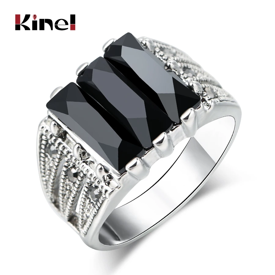 

Kinel Hot Gothic Black Ring Men Antique Silver Mosaic Bright Crystal Vintage Jewelry Big Size 9 10 11 Punk Wedding Ring Gift