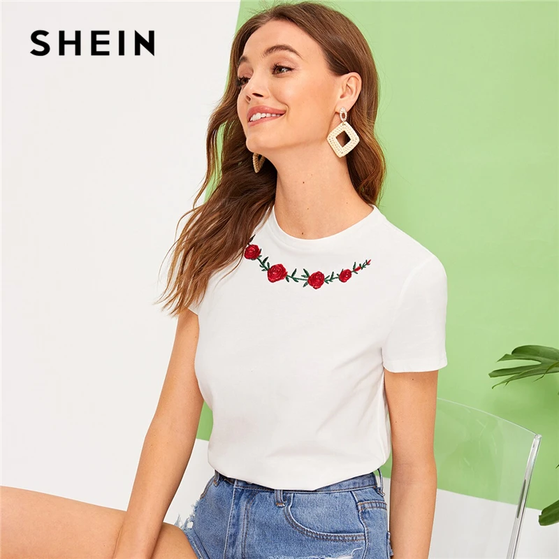 SHEIN Embroidery Floral Print Tee Women Clothing White Tops 2019 Casual