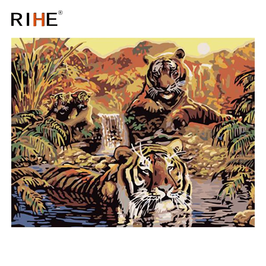 

RIHE Tiger Swim Diy Painting By Numbers Animal Oil Painting On Canvas Hand Painted Sunset River Cuadros Decoracion Acrylic Paint