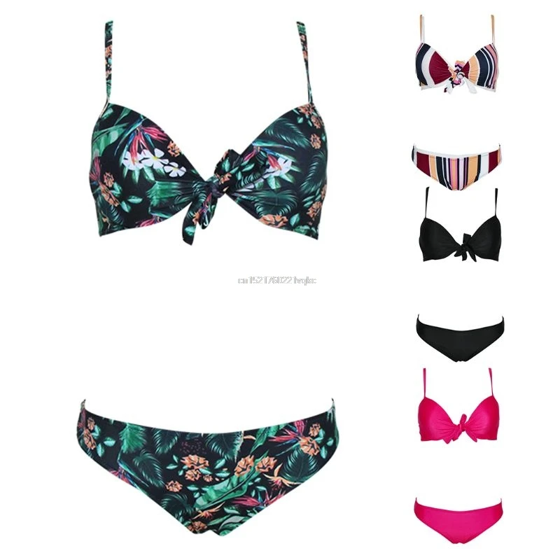 

Bikini Set Solid Color Bohemian Floral Stripes Printed Swimsuit Removable Underwire Ruched Tie Knot Front Bra Bathing Suit
