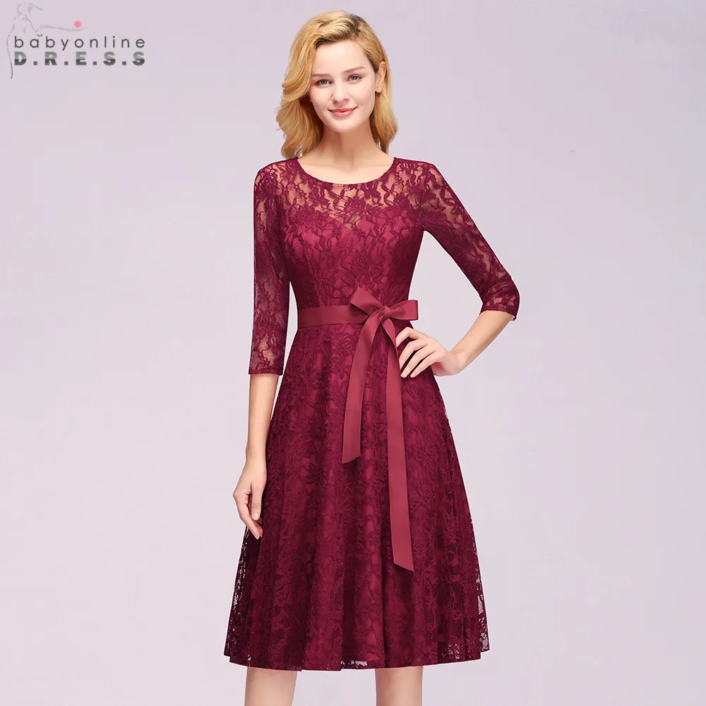 

$9.9 Plus Size Burgundy Lace Short Evening Dress Sexy Hollow Out Three Quarter Sleeve Evening Gowns Robe De Soiree Courte
