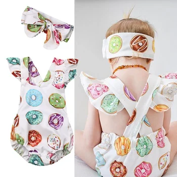 

Casual 3-18M Square Collar Print Summer Newborn Girls Rompers Set Sleeveless Donut Print Bodysuit Jumpsuit With Headband