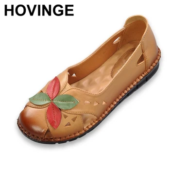 

HOVINGE Summer Women Shoes Woman Genuine Leather Flats Soft Breathable Hole Shoes Women's Flat Casual Shoes