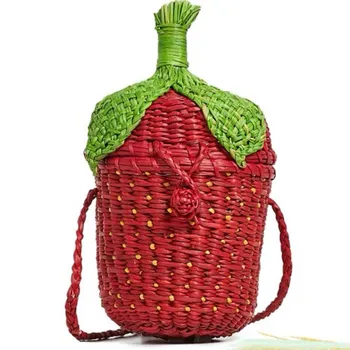 

2019 New Fashion Strawberry Straw Bag Tote Women Summer Fruit Shape Beach Handbags Handmade Vintage Woven Rattan Shoulder Bag