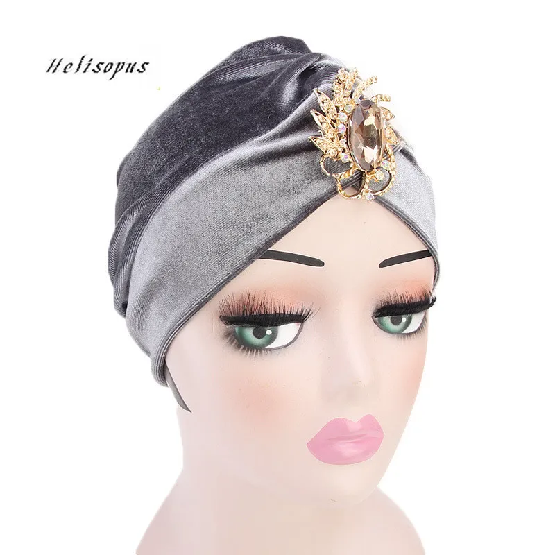 

Helisopus New Velvet Indian Hat Women Fashion Rhinestone Decorative Velvet Turban Hat Hijab Vintage Hair Accessories