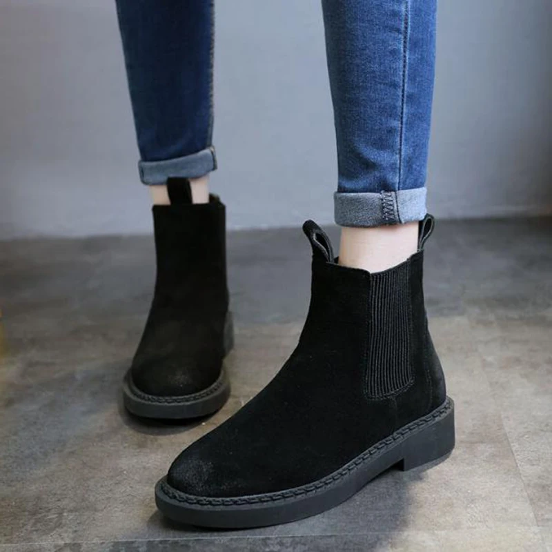 

Genuine Leather Women Chelsea Boots Brand Winter Warm Short Ankle Boots Platform Single Flats Shoes Woman H-256