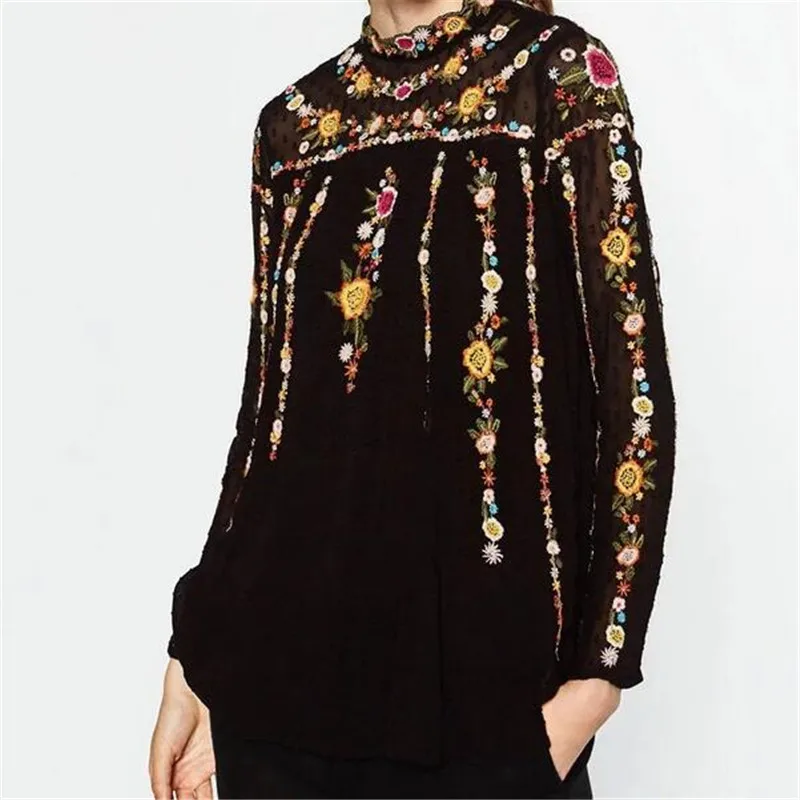Embroidery floral black muslin tops gauze shirt women long sleeve