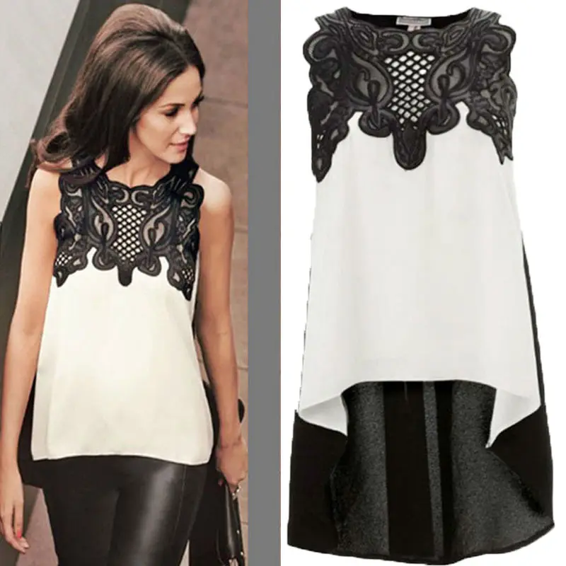 

Women Appliques Chiffon Tank Tops 2017 ladies Summer Elegant Sleeveless White Vest Tops Office Lady Work Wear Shirts Plus Size