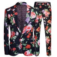 Conjunto de 2 piezas de estampado Floral Retro de PYJTRL para hombre, conjunto de traje de cantante chaqueta ajustada y pantalones para fiesta de noche