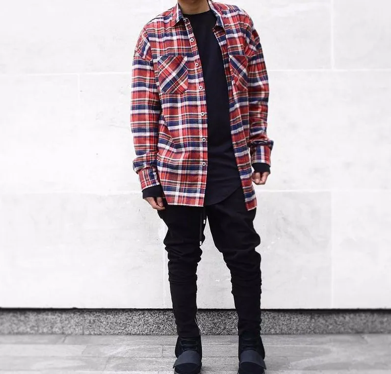 

2018 US Hip Hop Most popular justin bieber FOG fog Men unisex flannel Long-sleeved plaid oversized dress shirt in red