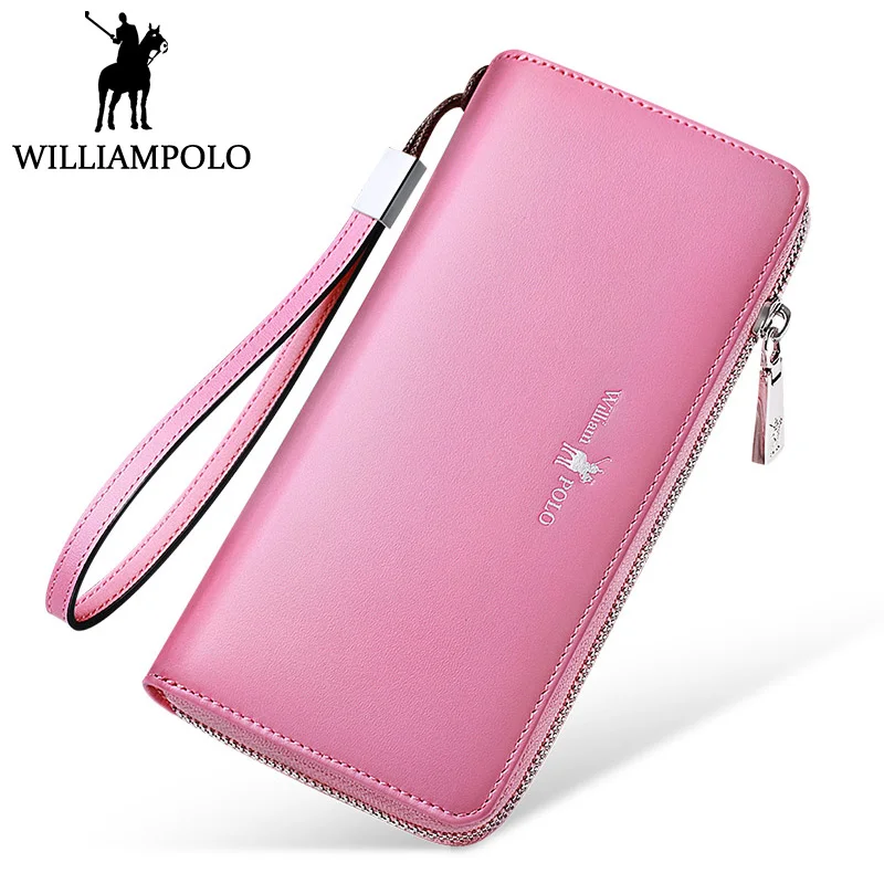 

WILLIAMPOLO Luxury Leather Wallet Women Card Holder Clutch Wallet Female Long Purse Zipper Hand Strap Phone Bag Pink Black