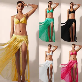 

Hot 2019 Women Bikini Cover Up Sexy Solid Chiffon Maxi Sheer Swimwear Summer Ladies Mesh Beach Sarong Pareo Long Wrap Split