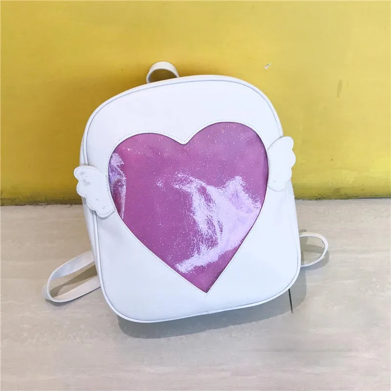

Individuality Glitter Love Heart Bling Transparent Zipper backpack Women PU Leather Travel Backpack Girls School Shoulder Bag