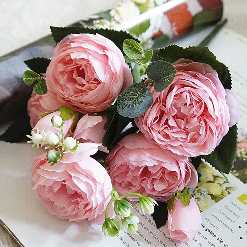 5 голов букет Красочные розы Пион Искусственные Шелковые цветы маленький букет Флорес домашние вечерние искусственный цветок для свадьбы Декор цветок