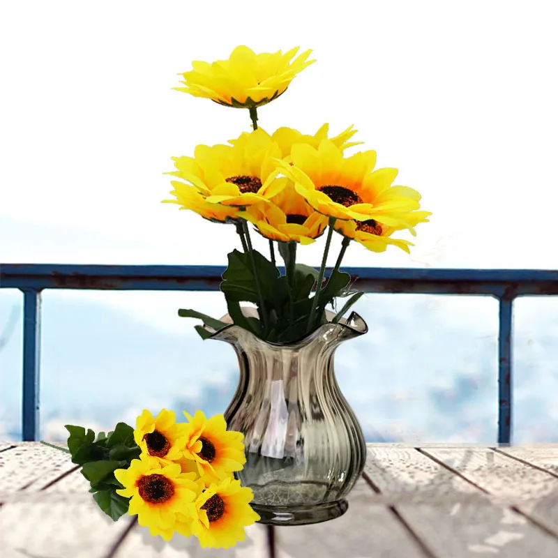 

7 branch/bouquet Lifelike Yellow Silk Sunflower Decorative Artificial Flower Plastic Stem Table Vase Decor Home Garden Supplies