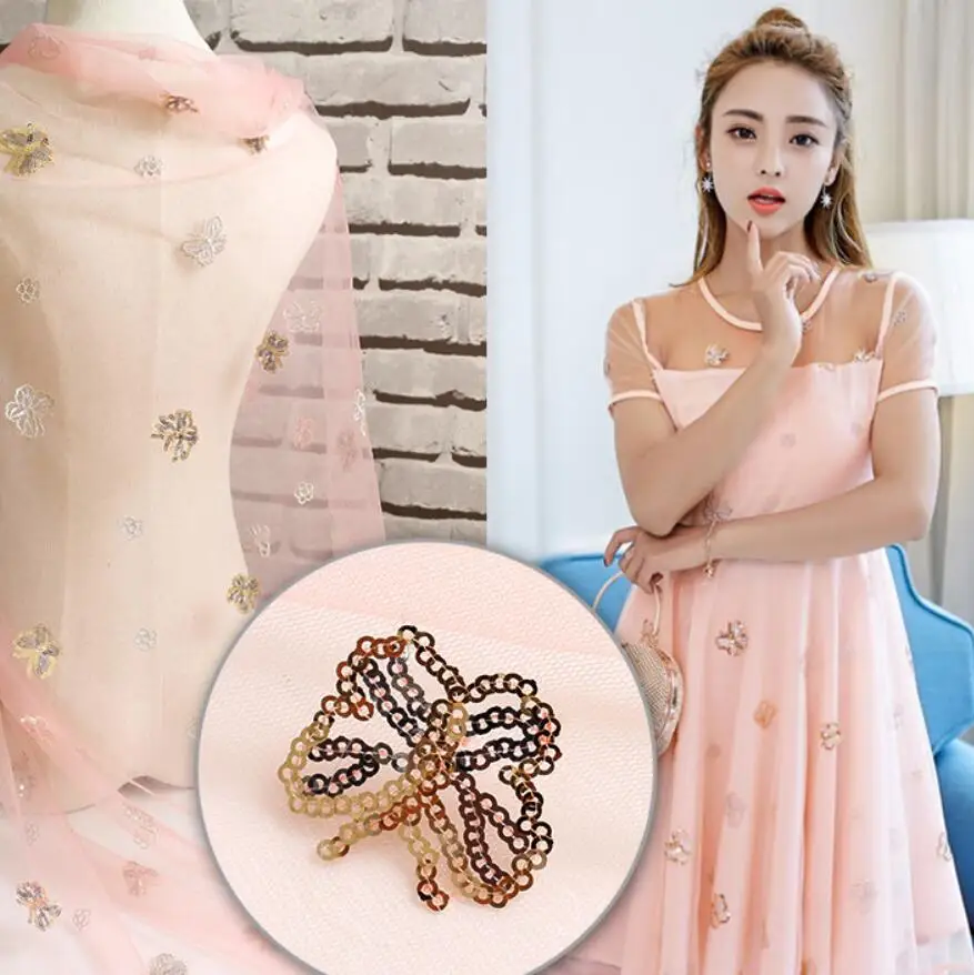 1Yard Butterfly Sequin Applique Chiffon Fabric Lace Cloth For Handicrafts Apparel Sewing Wedding Dress DIY Clothing Doll Cap