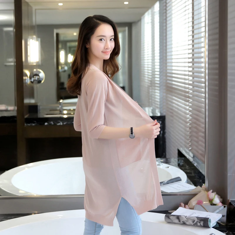 Summer Women Thin Long Cardigan Ice silk knit Solid color Loose Fall Sweater Fashion section Pocket Sunscreen Pink White Black |