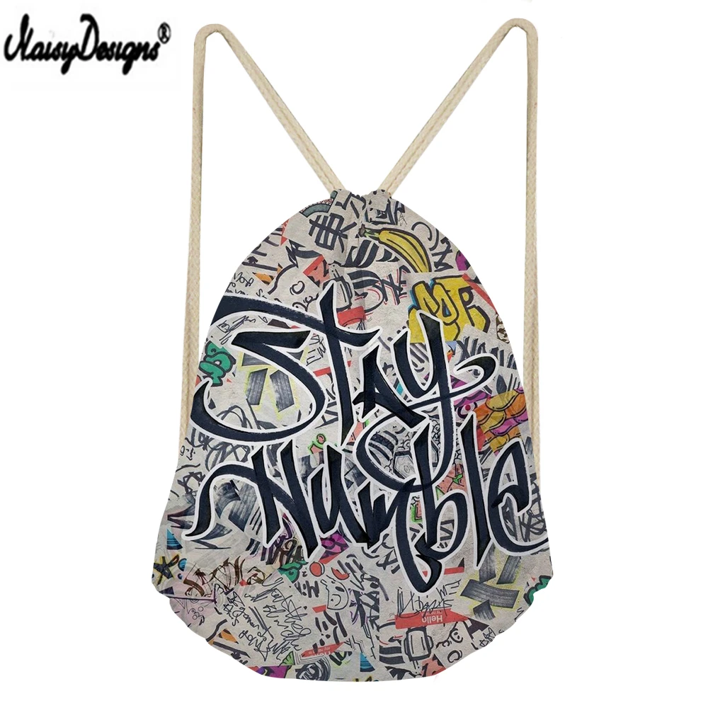 NOISYDESIGNS Children Linen Storage Bags Hip Hop Graffiti Printed Small Drawstring Sack Women Shopping Mochilas 3D