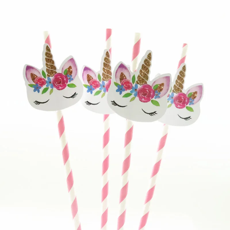 

24Pcs Unicorn paper Print Flexible Drinking Straws Birthday Party Decorations Disposable Plastic Bendy Tube For Kids