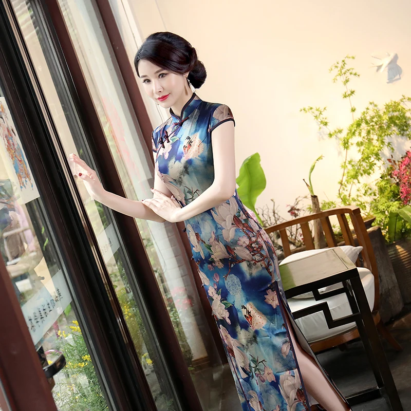 Шанхай история китайский Для женщин пикантные длинные Qipao Винтаж элегантный Повседневное Cheongsam леди ручной работы и пуговицы качество