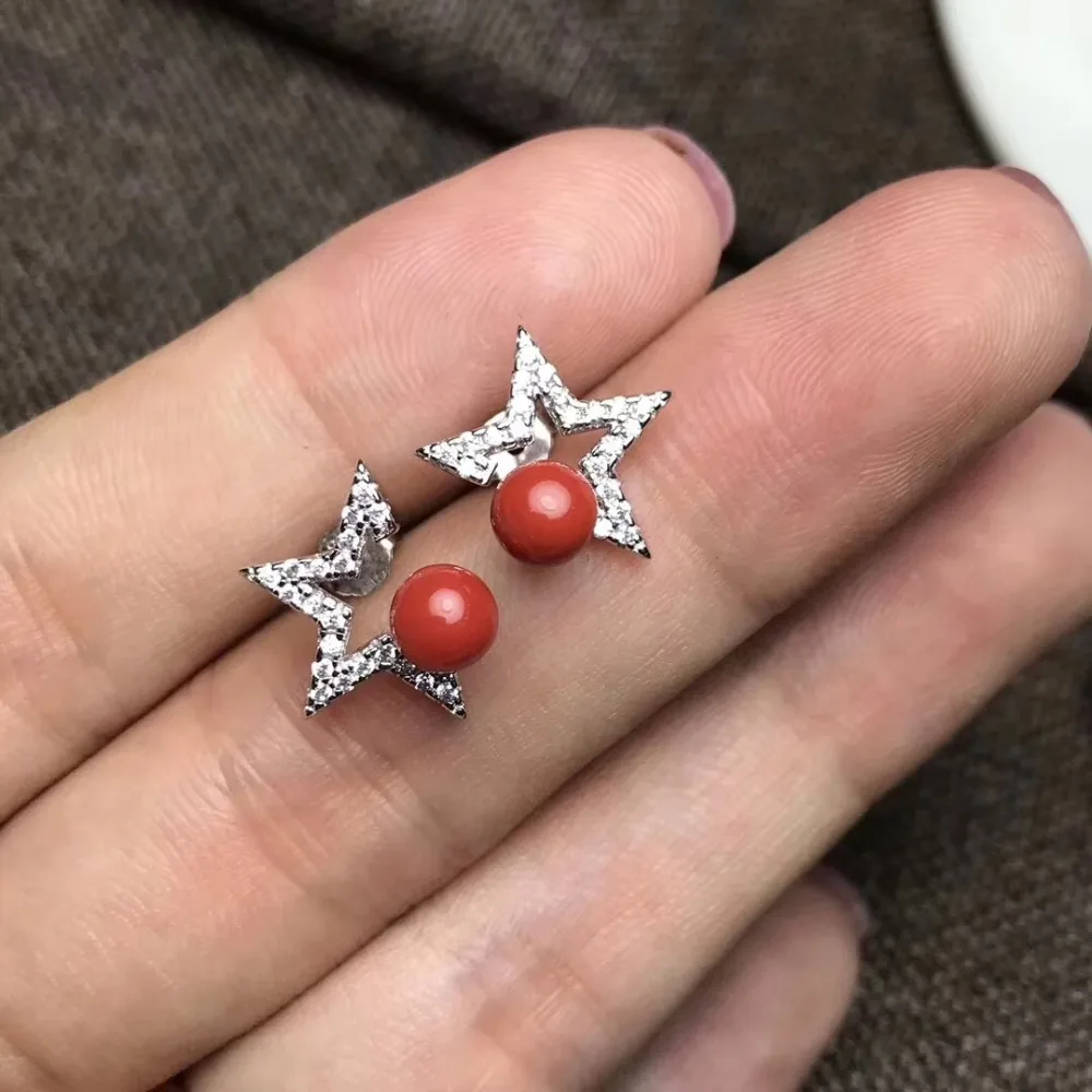 Star EarringNatural and Real Precious Coral stud earring 925 Silver