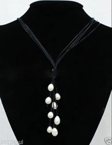 

Free Shipping >>>>> New Fashion Black Leather Rope & White Freshwater Pearl Necklace 20'' Long