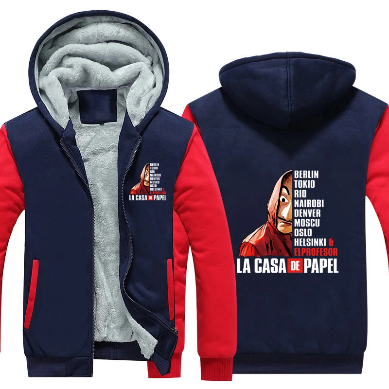 La casa de papel Thicken Hoodie Coat Money Heist Warm Hoodie Dali Mask La casa de papel Fleece Winter Hoodie