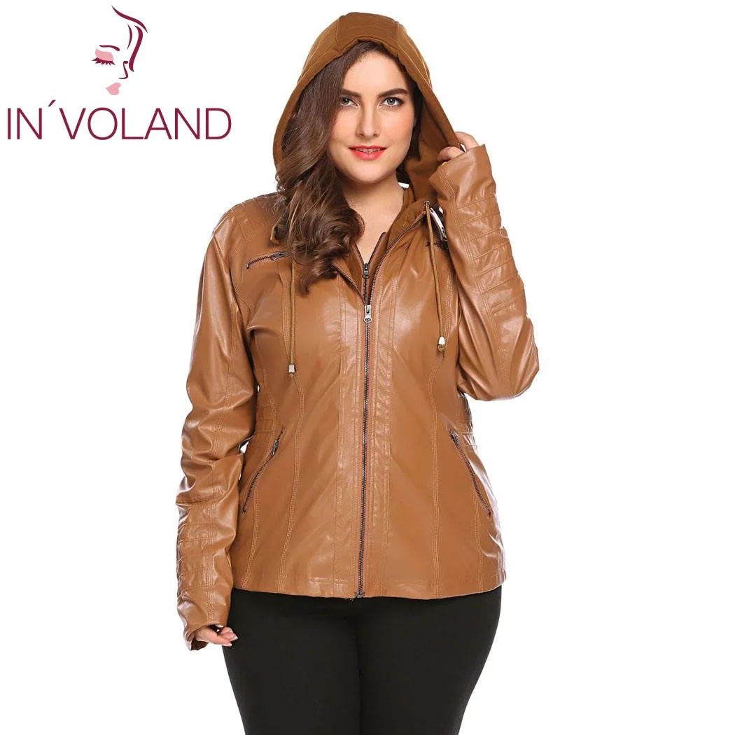 wonderful  IN'VOLAND Big Size Women Jacket Coat Winter Autumn Hooded Long Sleeve Lady Large Faux-Leather Jacke