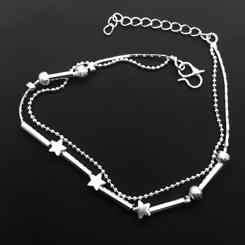 silver OMHXZJ Европейская мода для женщин и девушек подарок на день рождения свадьбу Звезда бусины две линии 925 пробы Серебряный ножной браслет JL02 - Цвет: silver