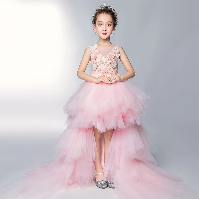 

Luxury Holy Communion Dress Long Trailing Flower Girl Dresses Wedding Butterfly Ball Gown Kids Pageant Dress for Birthday Gowns