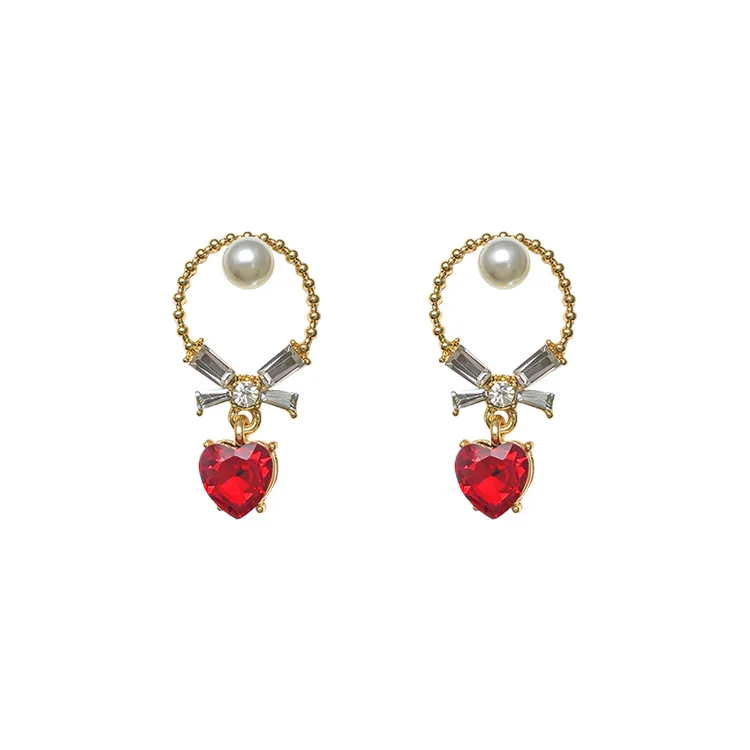 S925 Silver Simple Red Crystal Love Earring Geometry Round Inlaid Pearl For Women Fashion Jewelry 2019 | Украшения и аксессуары